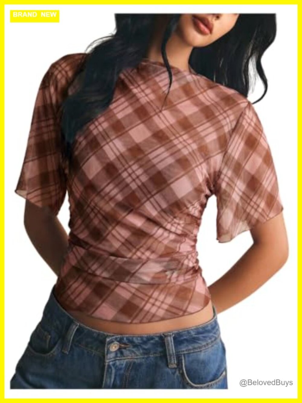 Plaid Mesh Sheer Short Sleeve Boat Neck Crop Top Blouse